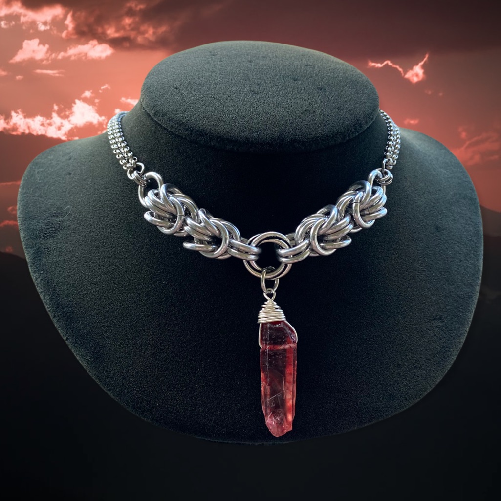 Maille Red Crystal Necklace Red Aura Crystal Quartz Handmade Maille Link Chain 45$